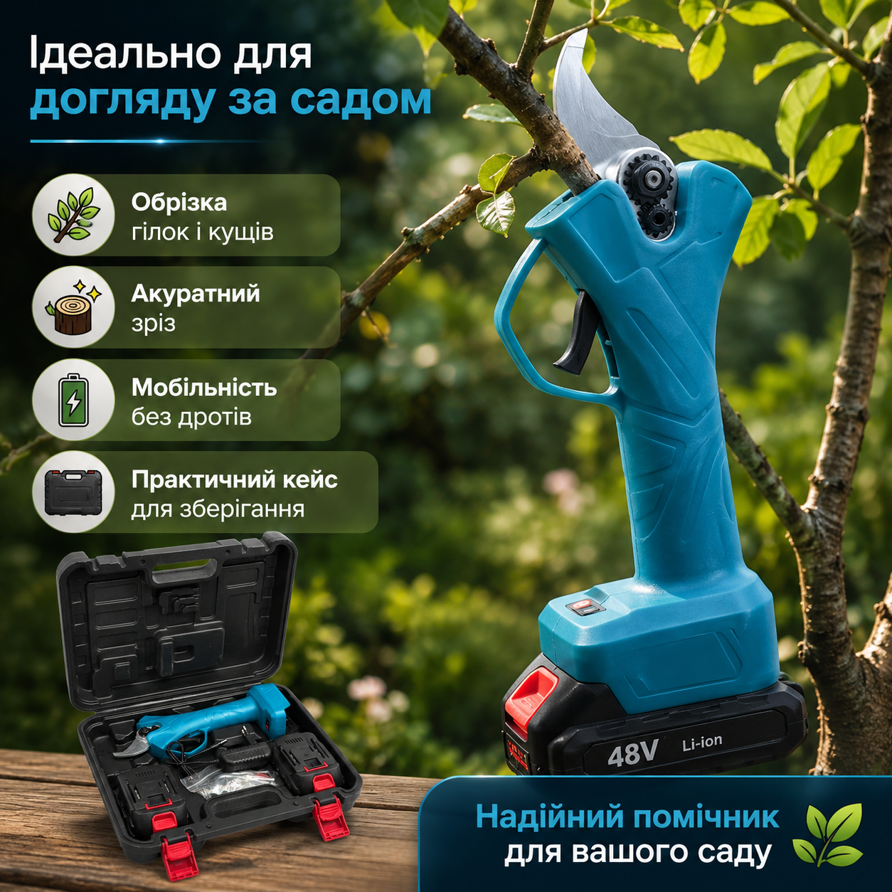 Акумуляторний секатор для обрізки дерев і кущів