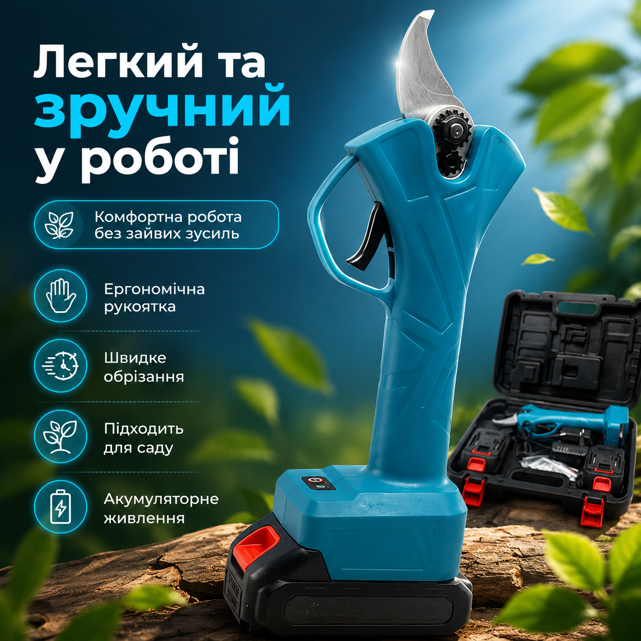 Зручний синій секатор Li-ion 48V